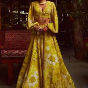 Ankita Dharman Yellow Crepe Printed Floral Riya Lehenga Set